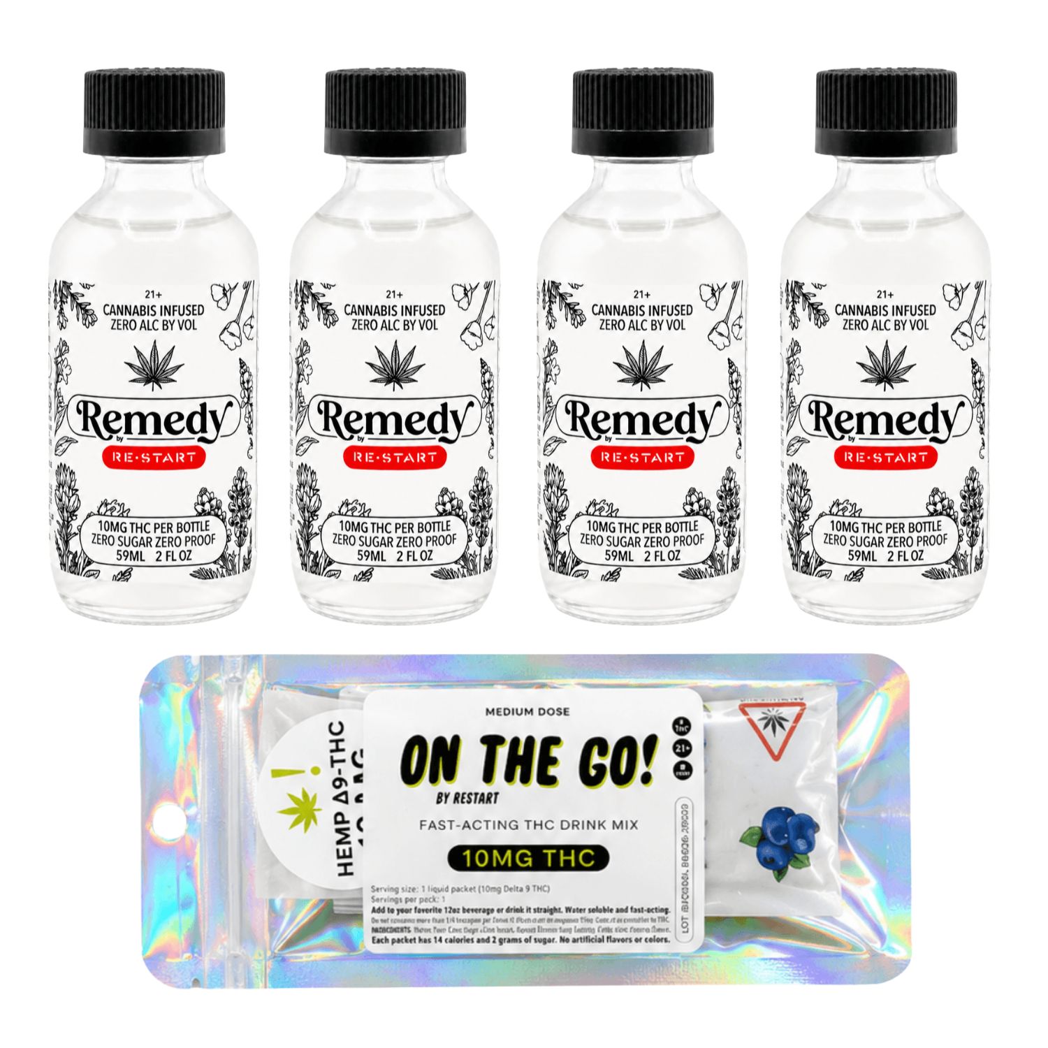 RESTART Remedy 10MG THC Shot - Unflavored / Sugar-Free 4/pk + BONUS 10MG On-The-GO Drink Mix
