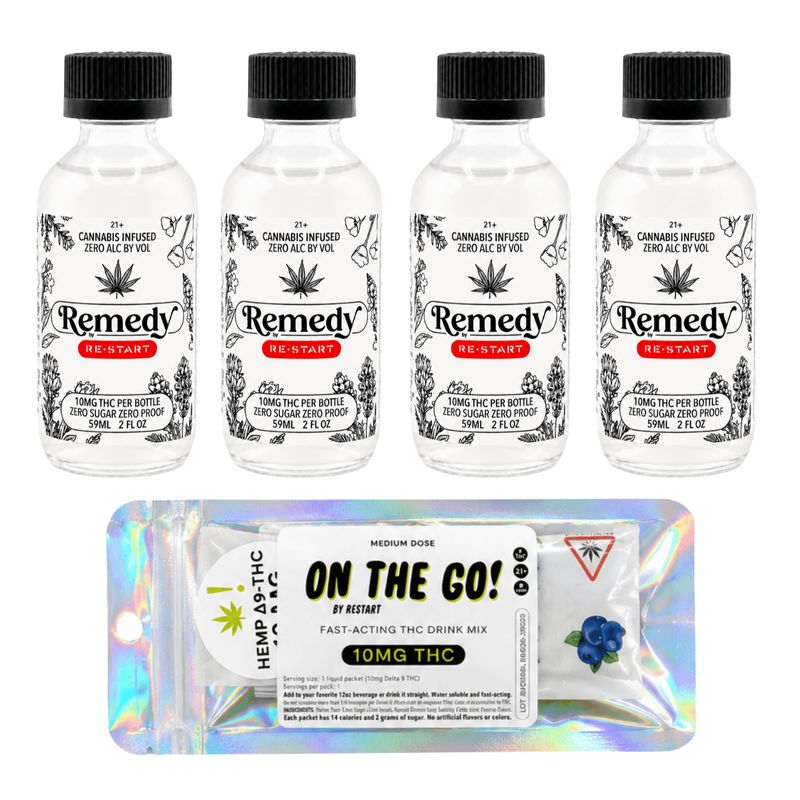 RESTART Remedy 10MG THC Shot - Unflavored / Sugar-Free 4/pk + BONUS 10MG On-The-GO Drink Mix