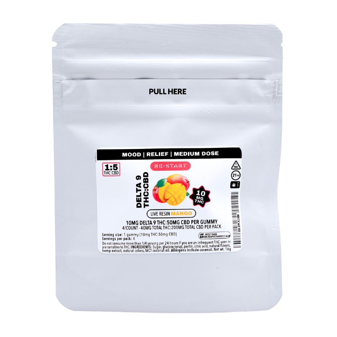 Delta 9 10MG + CBD 50MG Live Resin Gummies Mango 4-ct