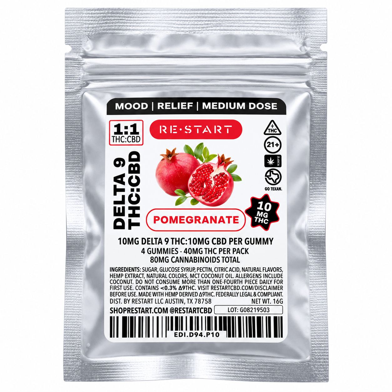 20MG THC:CBD Gummies - Pomegranate 4-ct