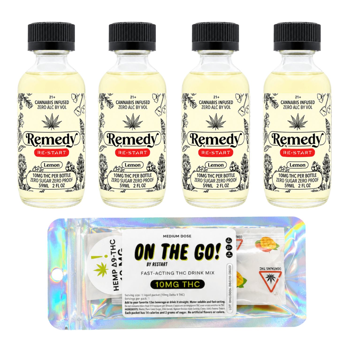 RESTART Remedy 10MG THC Shot - Lemon / Sugar-Free 4/pk + Bonus 10MG On-The-Go Drink Mix