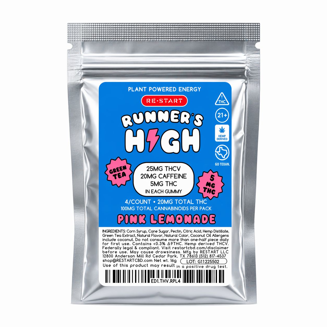 25% OFF - Runner's High Energy Gummies THCV + THC + Green Tea (Pink Lemonade), Count: 4-ct (Reg. Price $15)