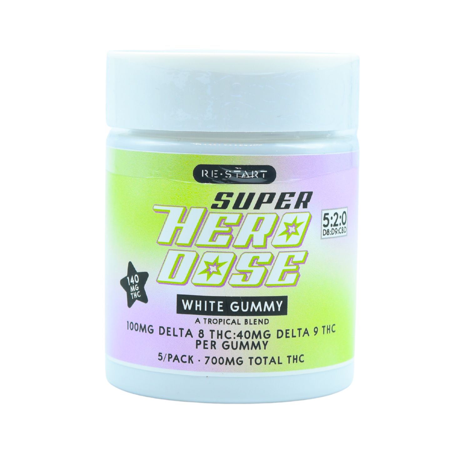 Super Hero Dose Delta 9 THC 40mg + Delta 8 100mg Gummies - 'White Gummy' (Tropical), Count: 5-ct