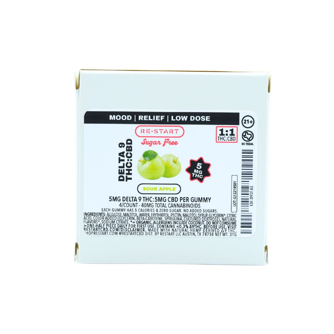 Sugar-Free Delta 9 5MG + CBD 5MG Gummies - Sour Green Apple 4/ct Sugar-Free Delta 9 5MG + CBD 5MG Gummies - Sour Green Apple 4/ct