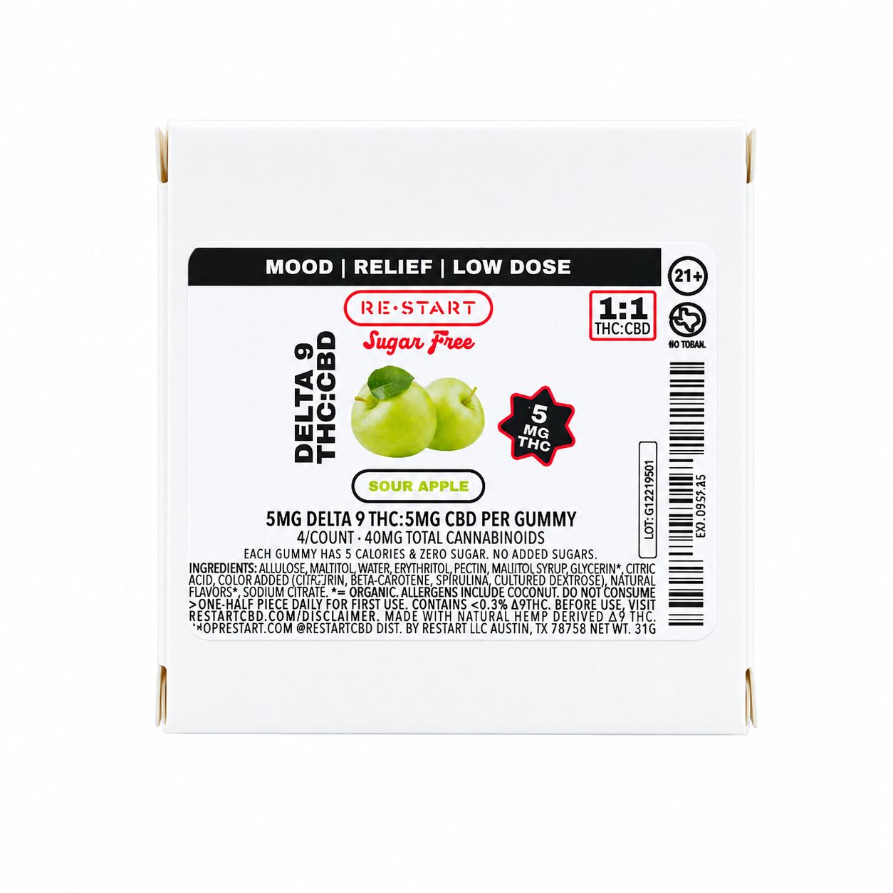 Sugar-Free Delta 9 THC CBD 10MG Gummies Sour Green Apple 4/ct (1:1)