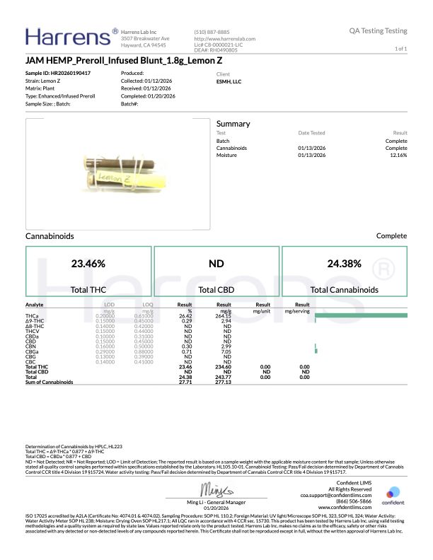 JAM: Hash Infused THCA Blunt (S) Lemon Z 1.8G