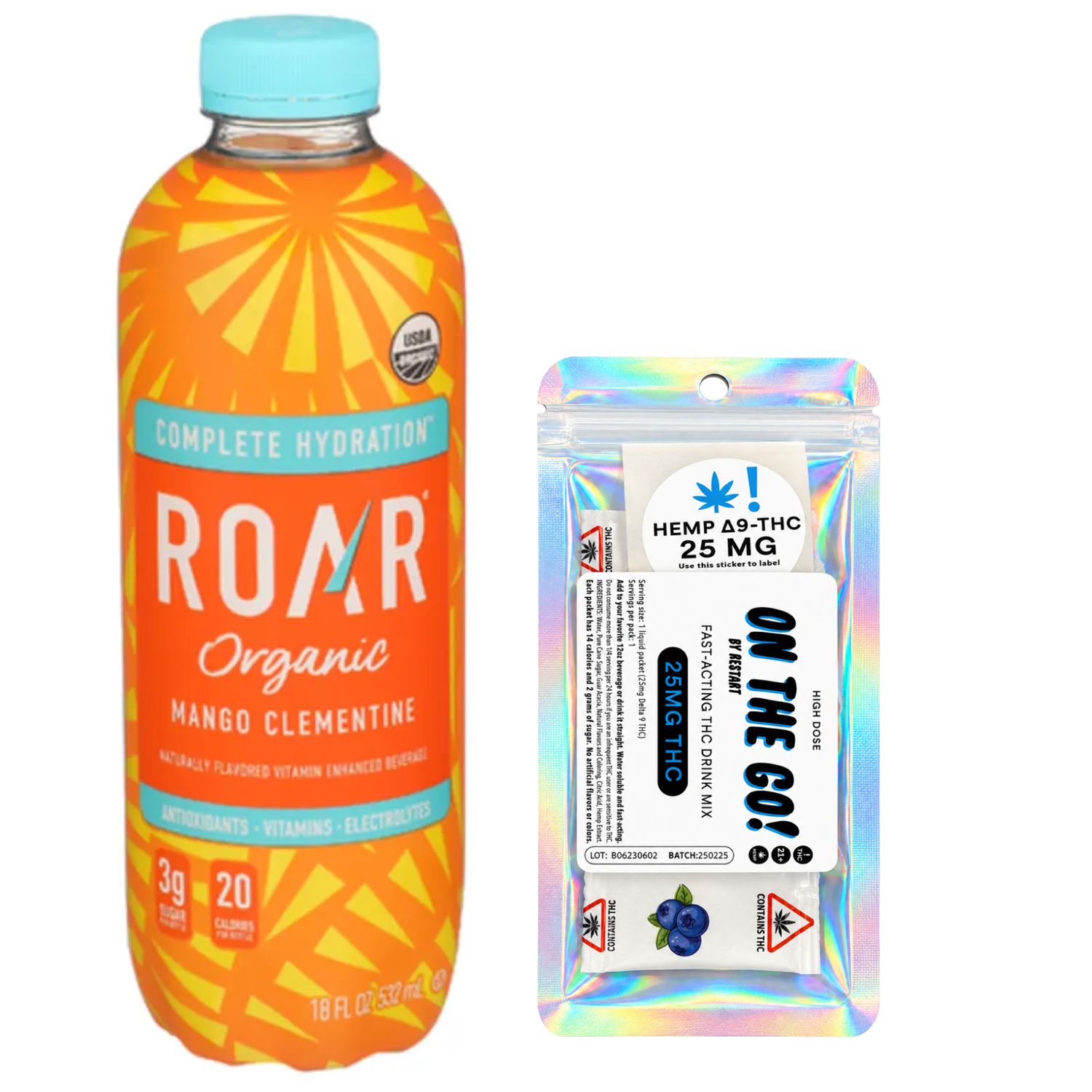 SAVE 15% - Roar Organics Electrolyte Water + 25MG THC Mix, Flavor: Mango Clementine (Reg. Price $10.50)