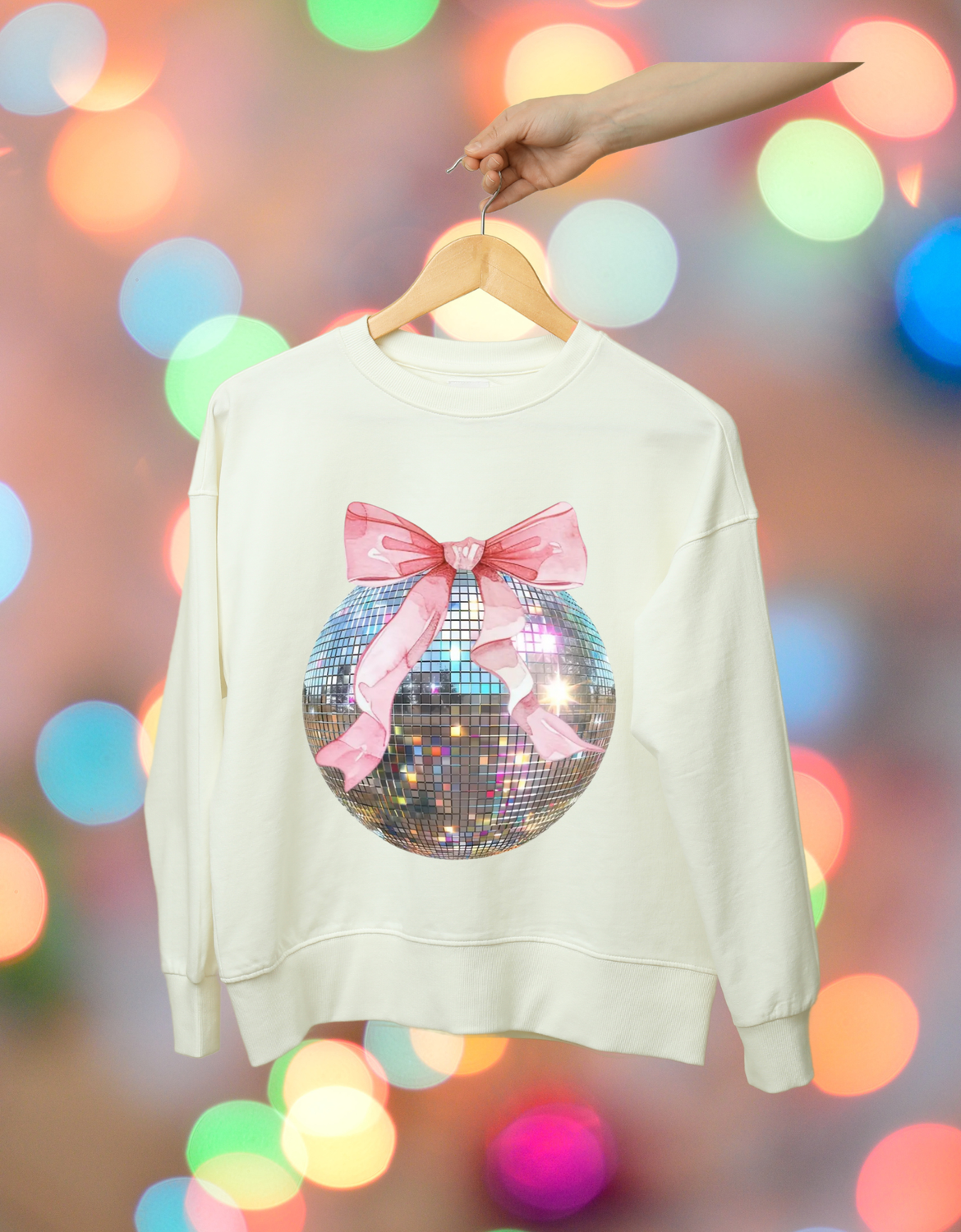 Disco Ornament with Pink Bow Crewneck