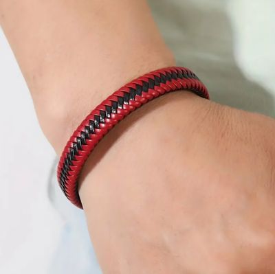 Black &amp; Red Leather Bracelet – Fire Woven Design, Stylish &amp; Durable