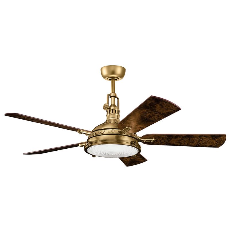 HATTERAS BAY Ø142cm Burnished Antique Brass, Blade reversible Poplar Burl /Eim Burl, light integrated and remote control