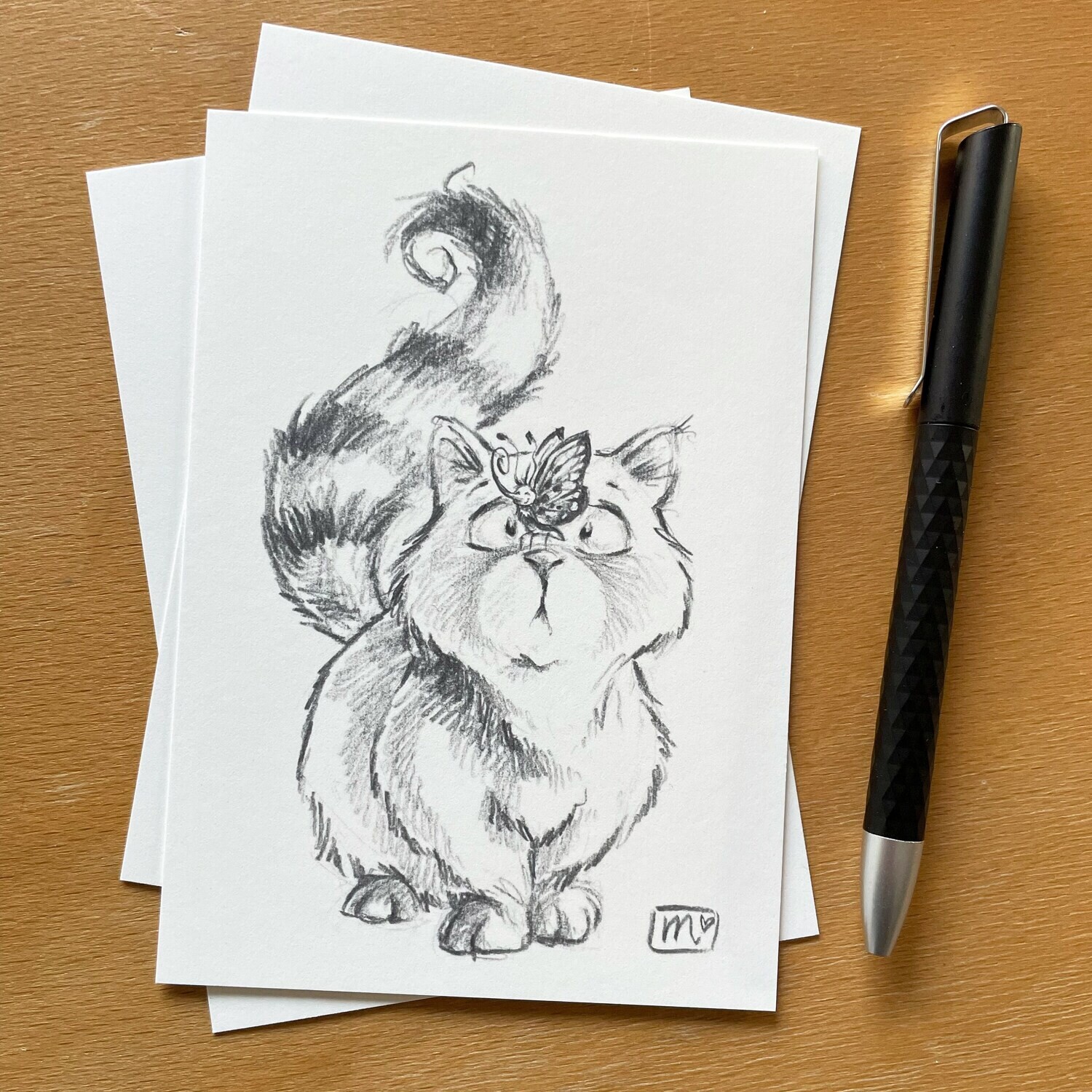 Postkarte Katze &amp; Schmetterling, Kunstdruck