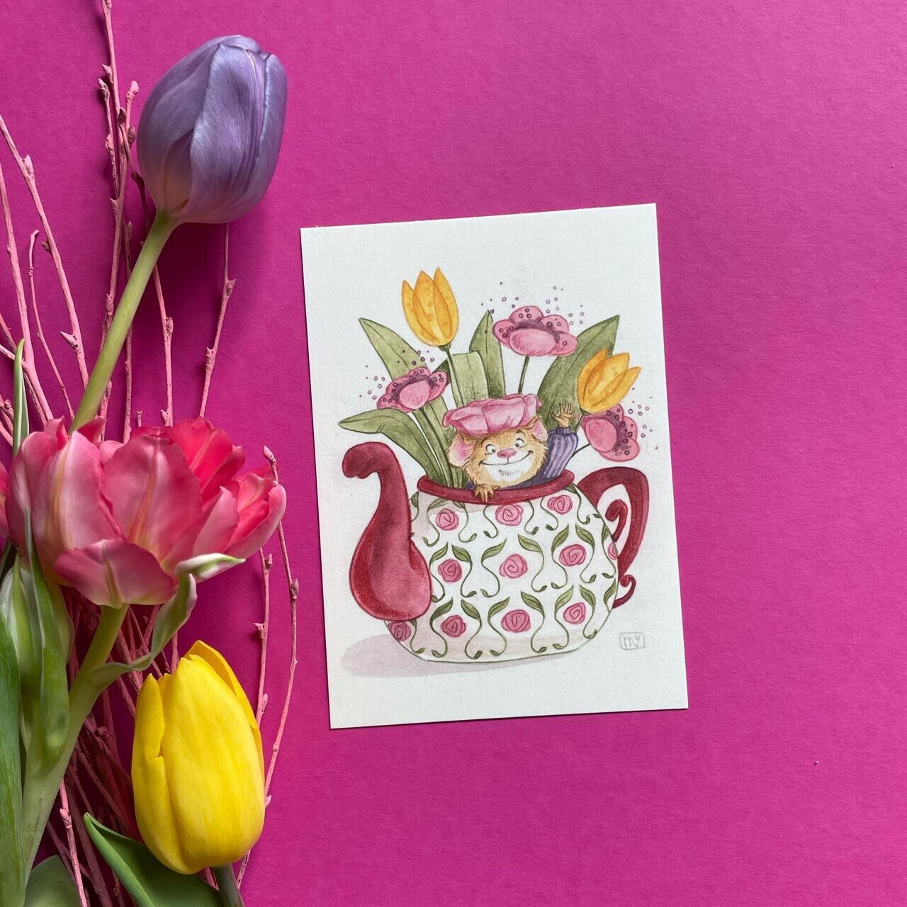 Postkarte Frühlings-Maus , Kunstdruck