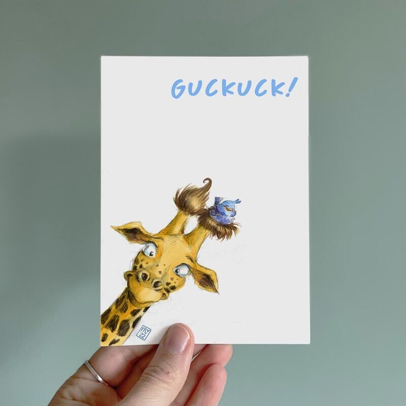 Postkarte Guckuck - Giraffe und Vogel
