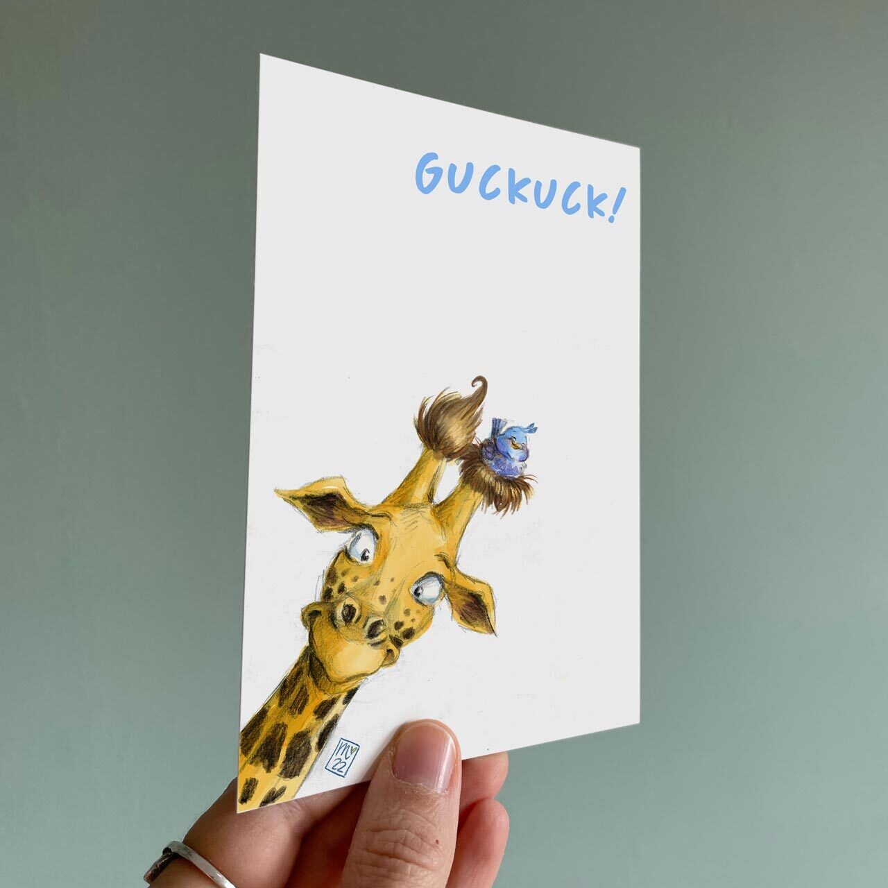 Postkarte Guckuck - Giraffe und Vogel