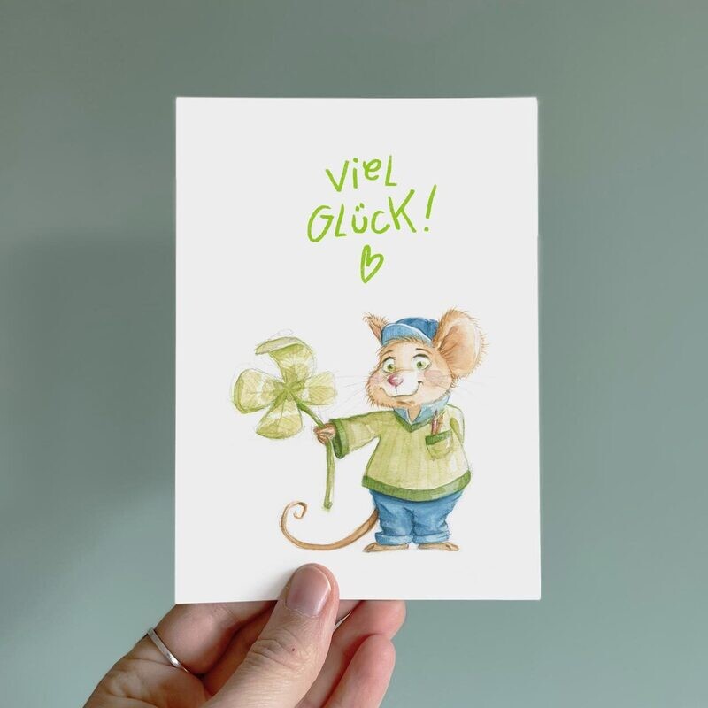 Postkarte Glücksmaus - farbiger Kunstdruck