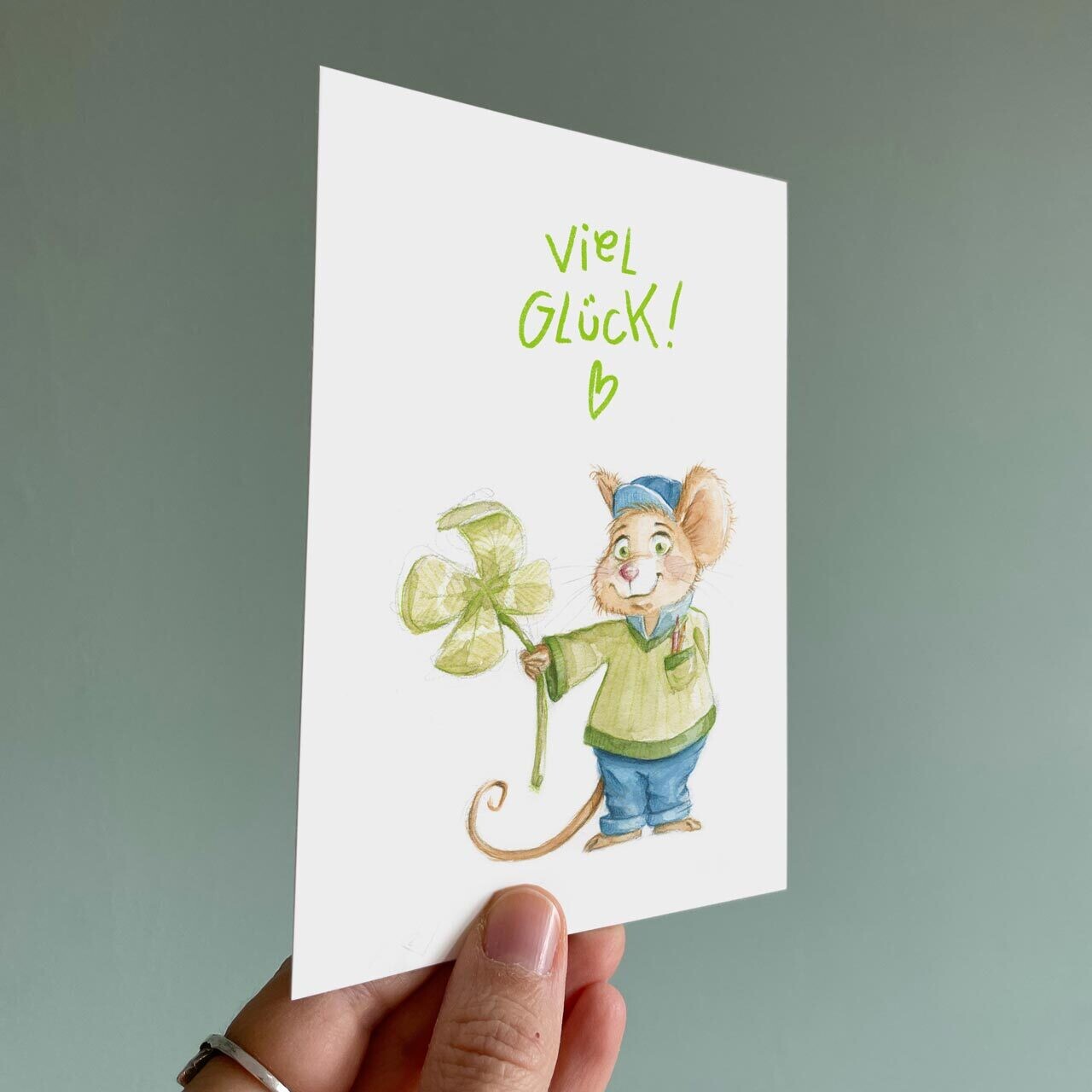 Postkarte Glücksmaus - farbiger Kunstdruck
