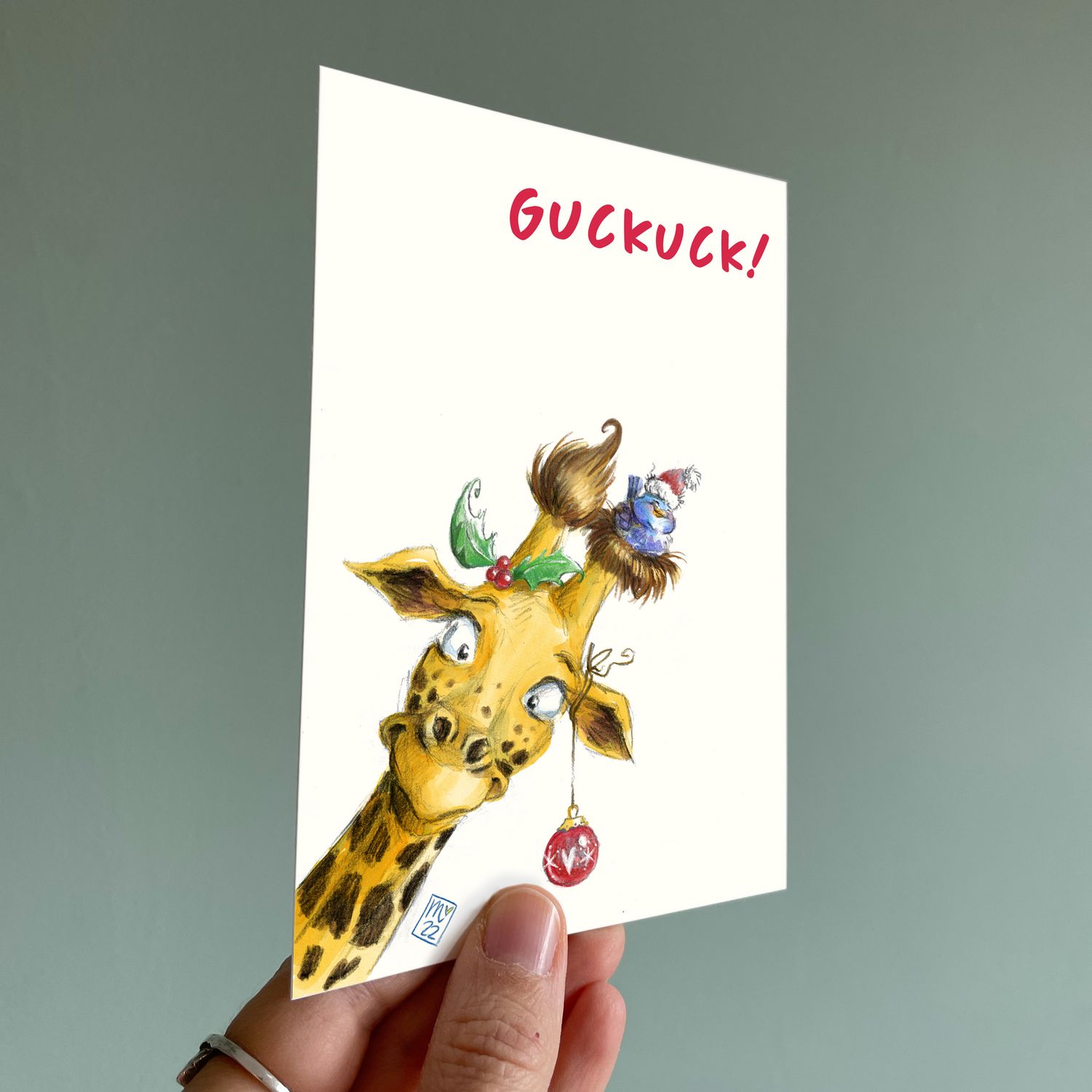Postkarte Xmas Giraffe - farbiger Kunstdruck zum Thema Weihnachten
