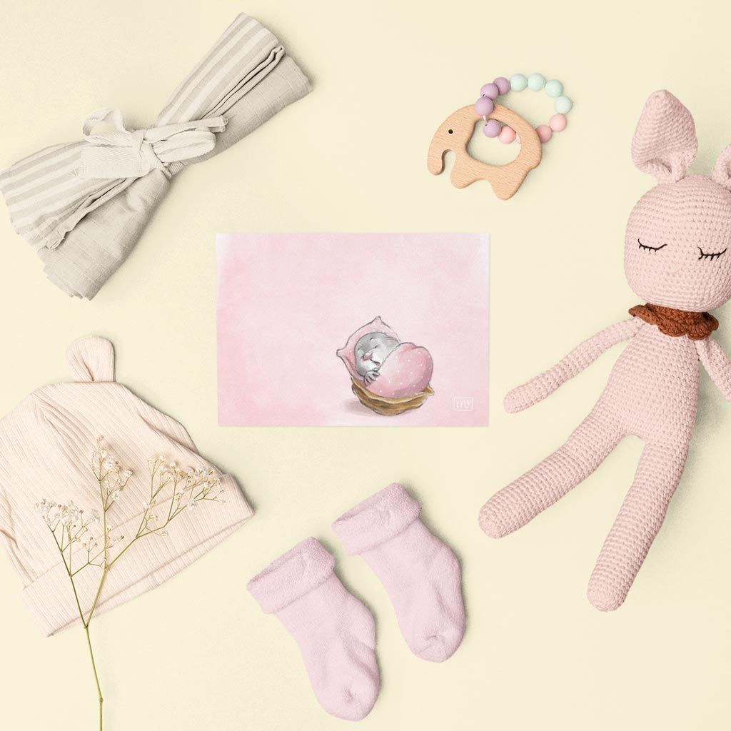 Postkarte Sleepy Cutie - Grußkarte zum Thema Geburt auf Naturkarton