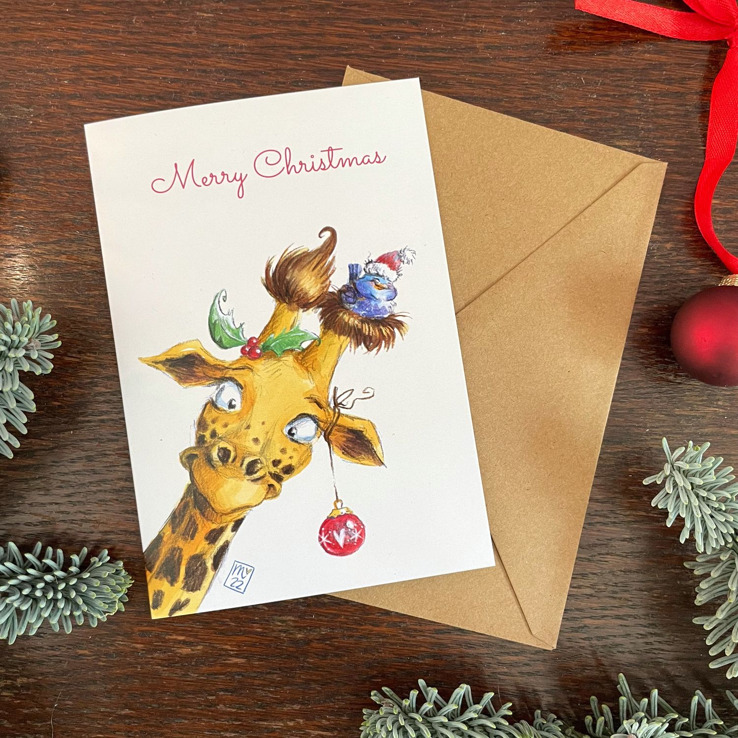 Klappkarte Xmas Giraffe - farbiger Kunstdruck zum Thema Weihnachten mit Umschlag