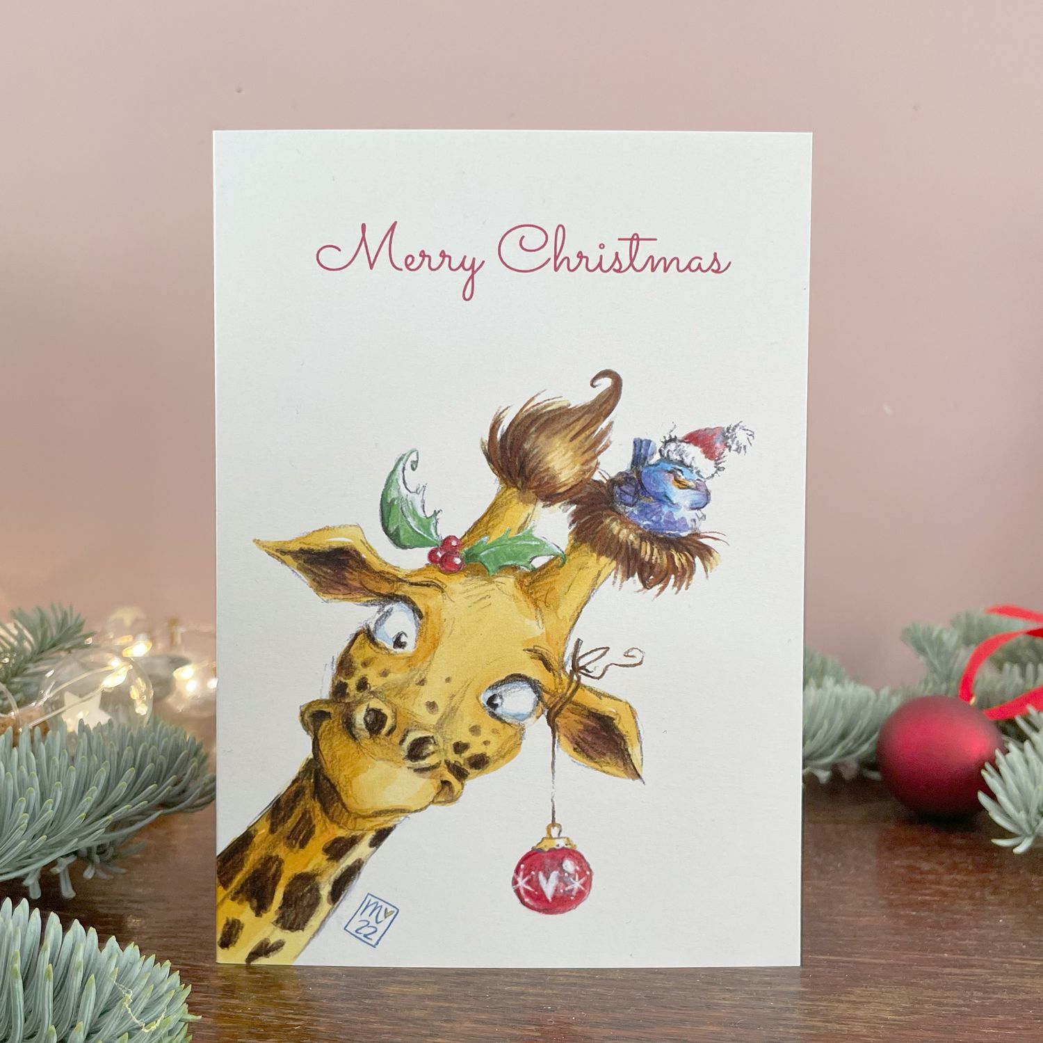 Klappkarte Xmas Giraffe - farbiger Kunstdruck zum Thema Weihnachten mit Umschlag