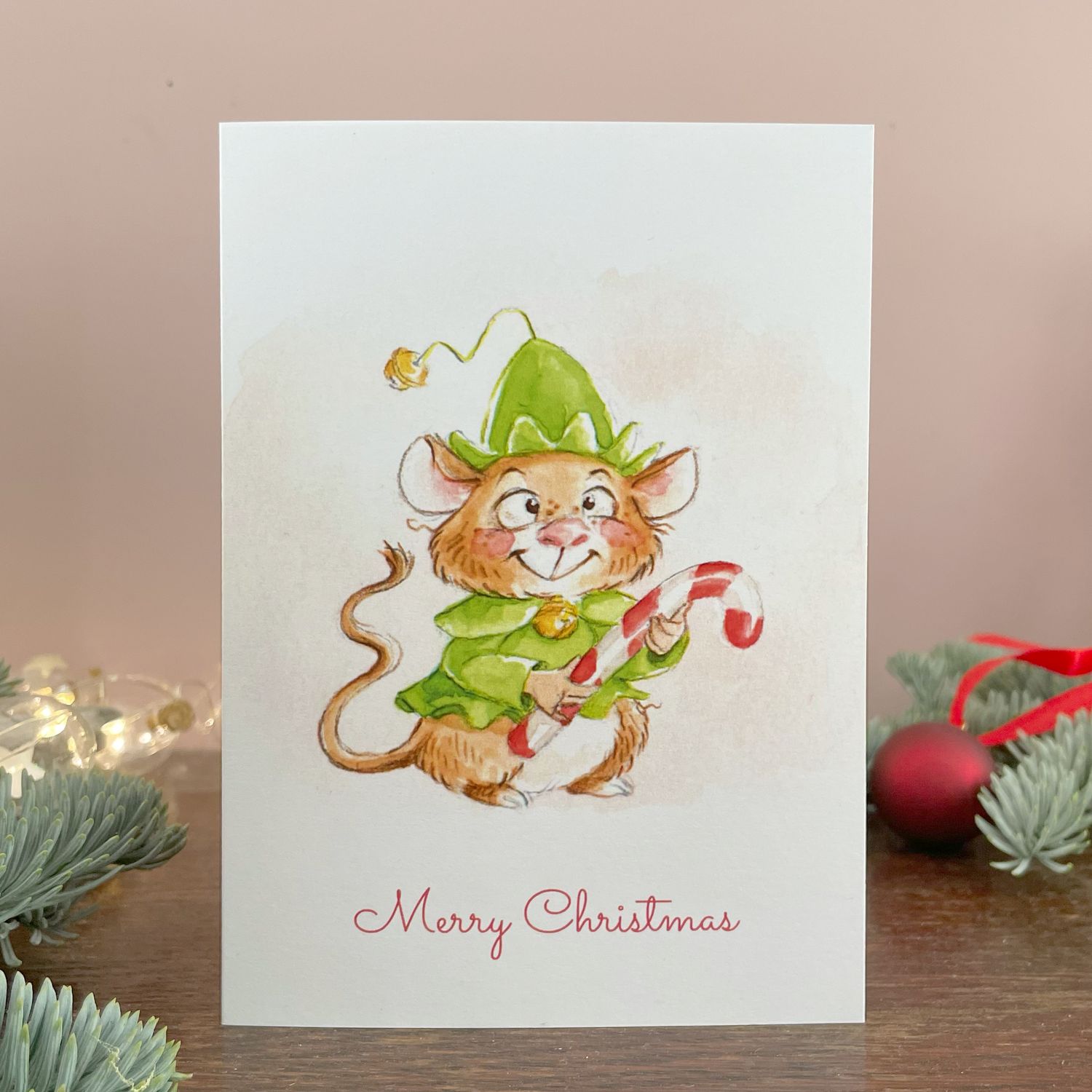 Klappkarte Weihnachts-Maus - farbiger Kunstdruck zum Thema Weihnachten mit Umschlag