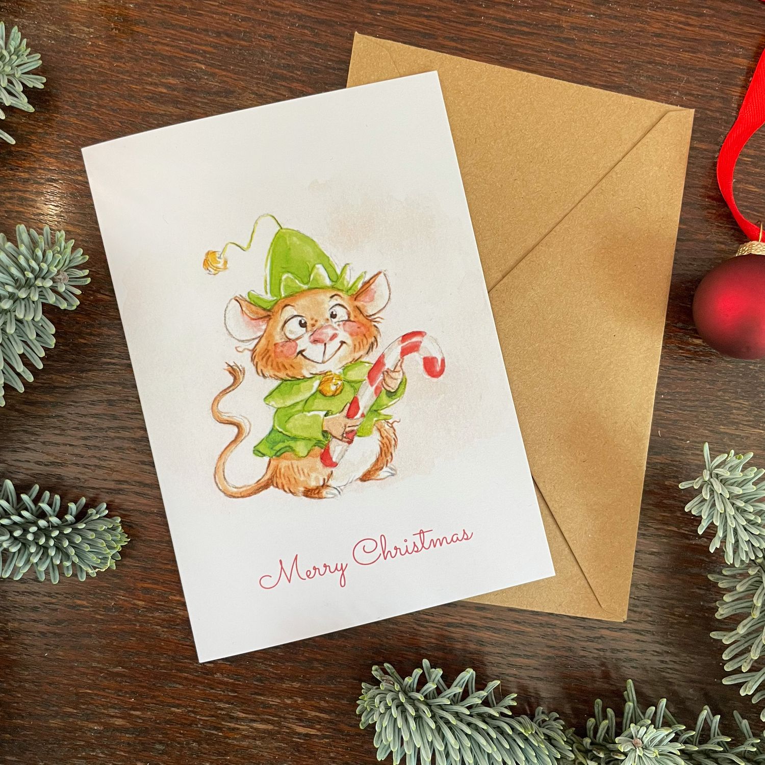 Klappkarte Weihnachts-Maus - farbiger Kunstdruck zum Thema Weihnachten mit Umschlag