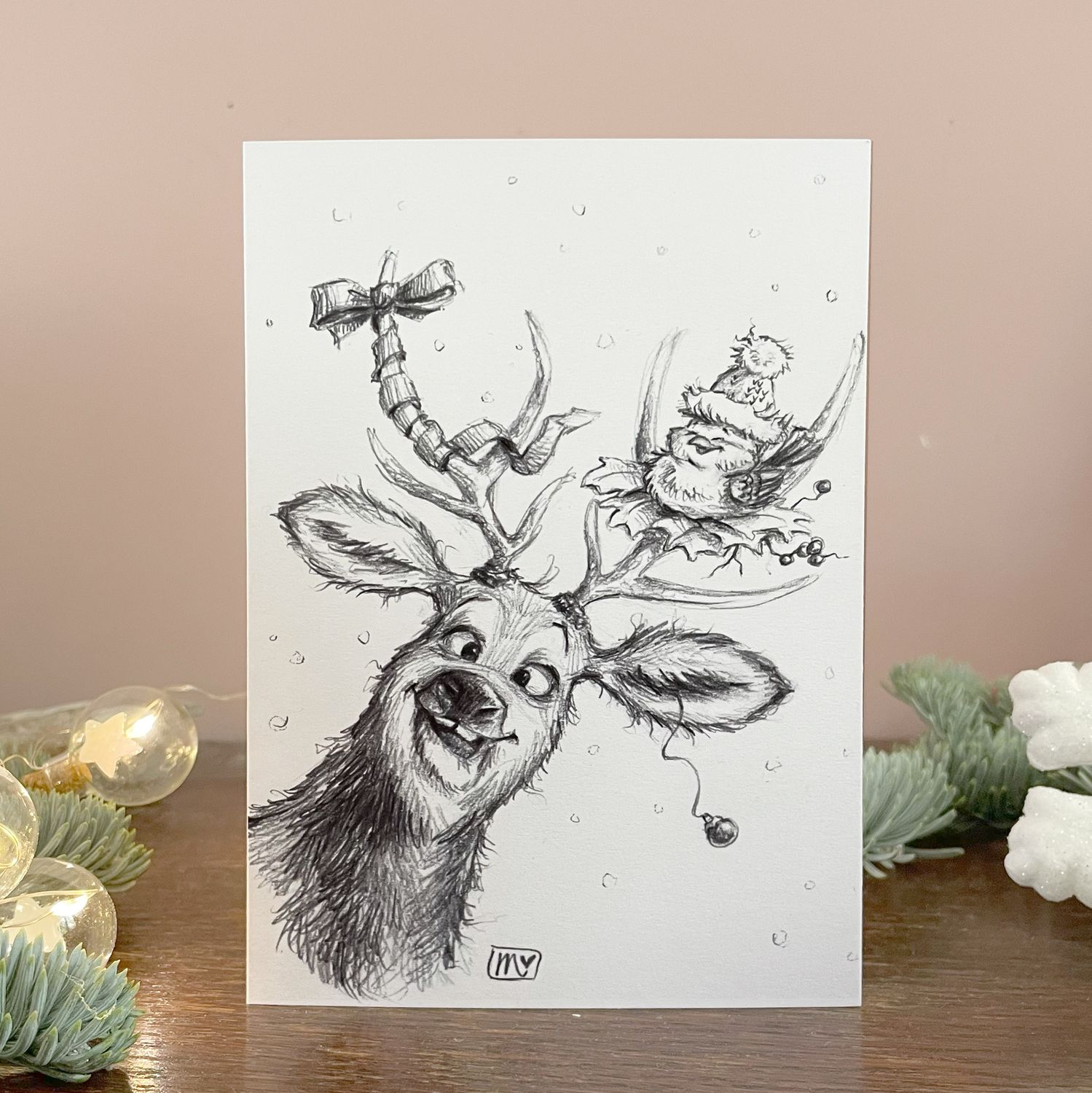 Klappkarte Deer &amp; Bird - farbiger Kunstdruck zum Thema Weihnachten mit Umschlag