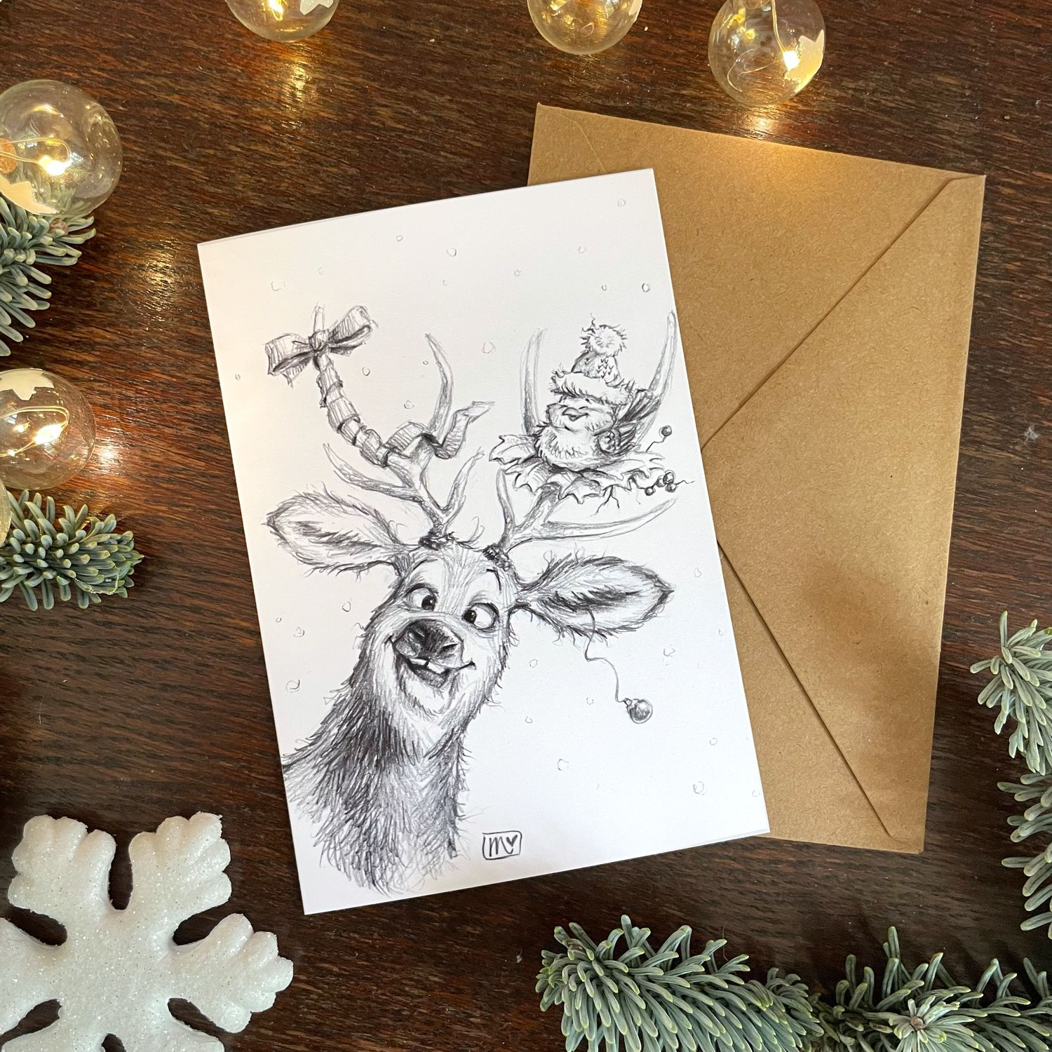 Klappkarte Deer &amp; Bird - farbiger Kunstdruck zum Thema Weihnachten mit Umschlag