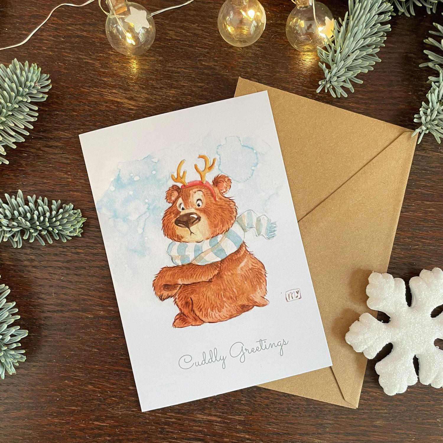 Klappkarte Winter Bär - farbiger Kunstdruck zum Thema Weihnachten mit Umschlag