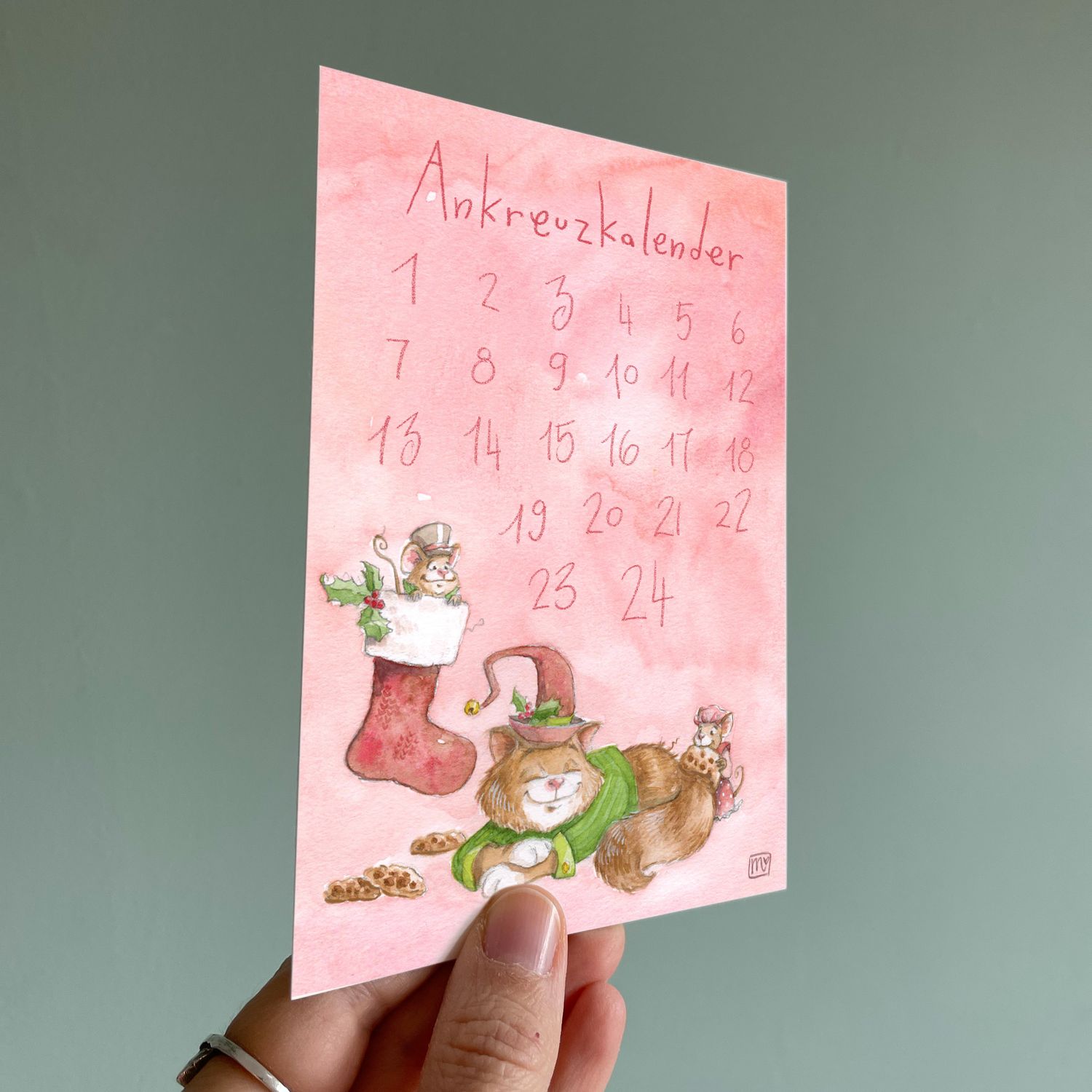 Postkarte Ankreuzkalender - farbiger Kunstdruck zum Thema Advent und Weihnachten
