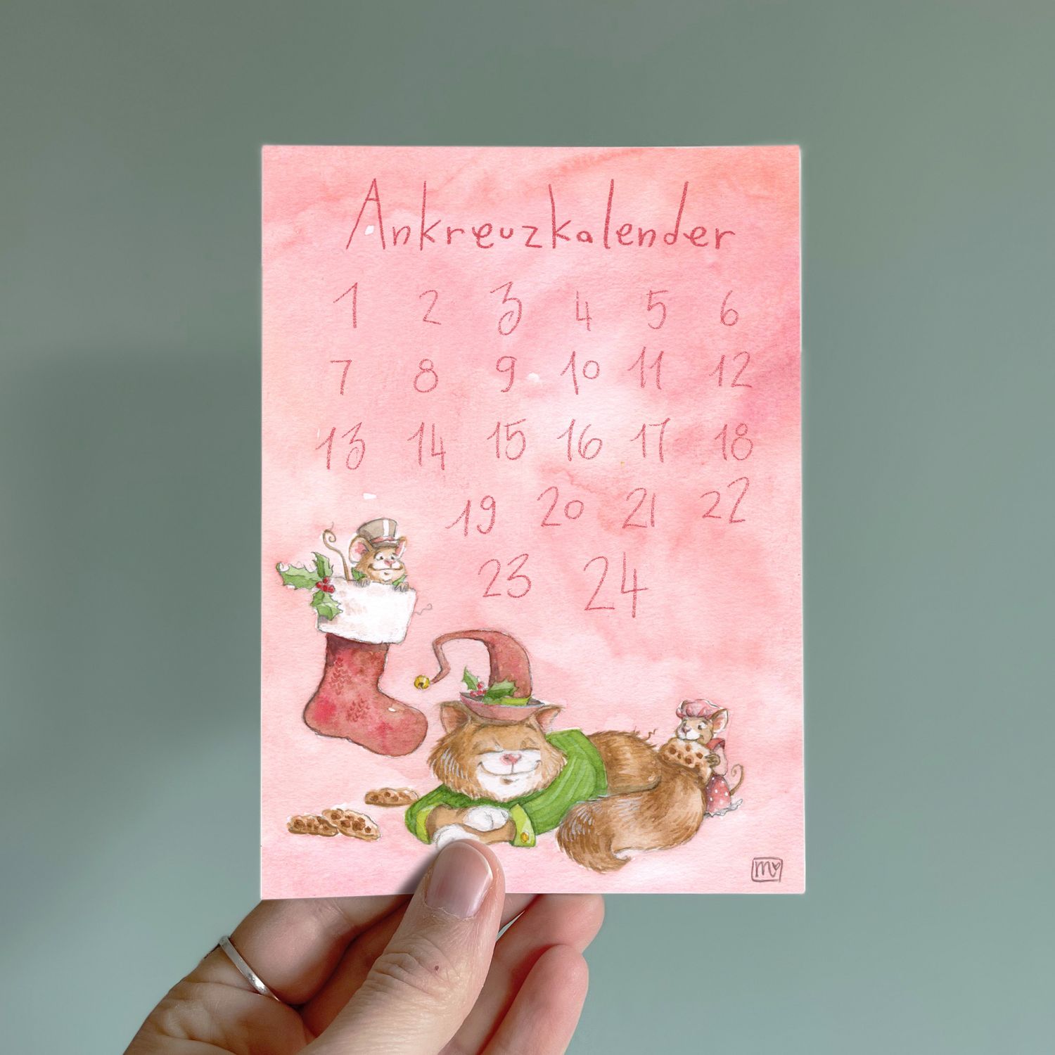 Postkarte Ankreuzkalender - farbiger Kunstdruck zum Thema Advent und Weihnachten