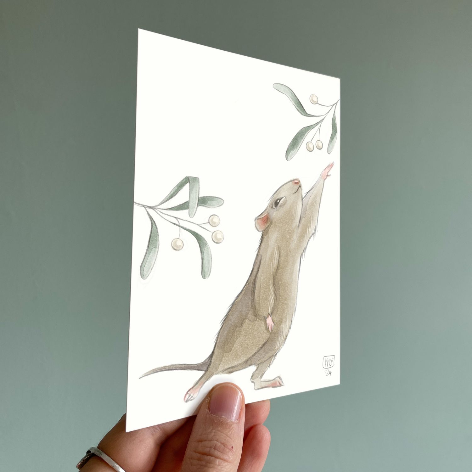 Postkarte Mistel-Maus - farbiger Kunstdruck zum Thema Advent und Weihnachten
