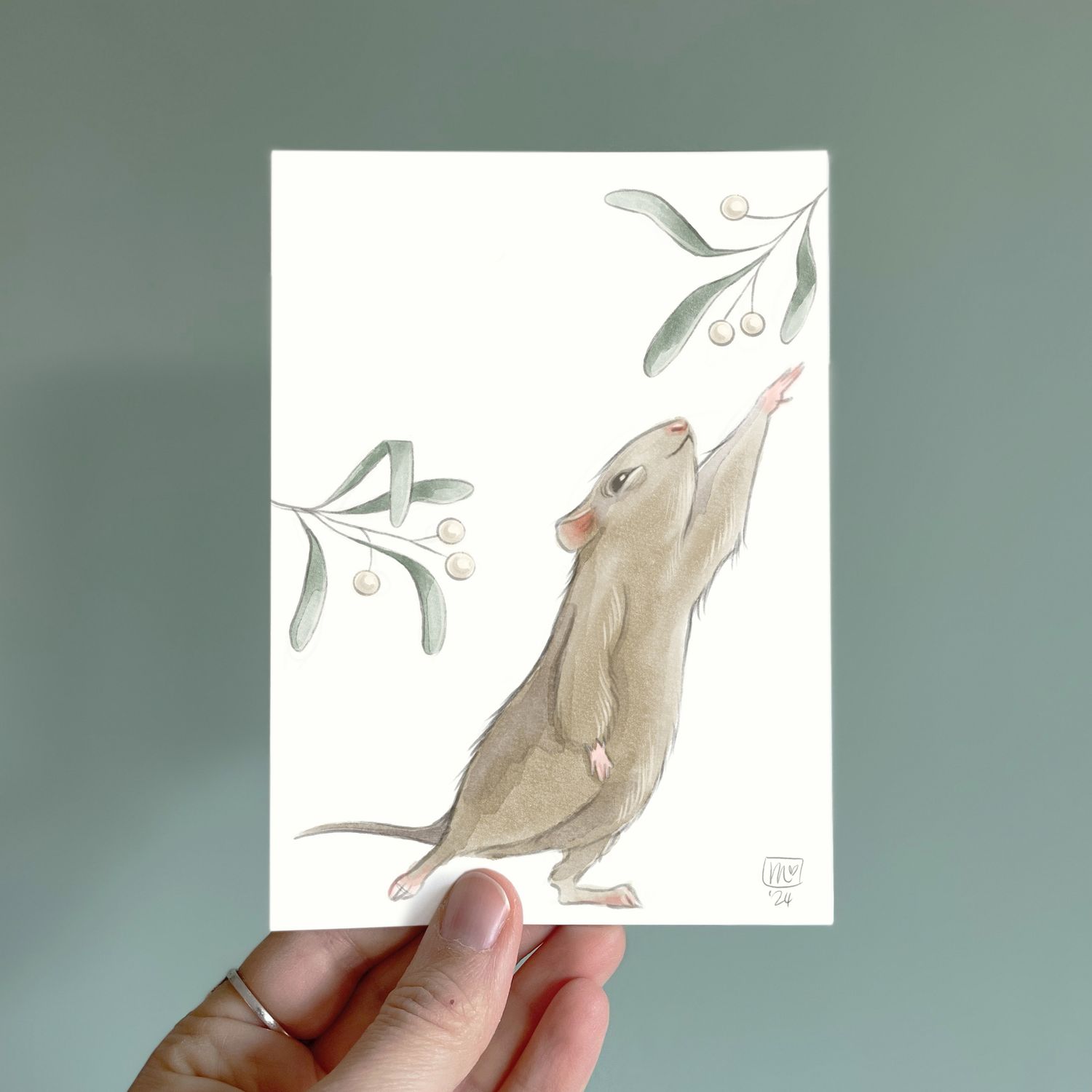 Postkarte Mistel-Maus - farbiger Kunstdruck zum Thema Advent und Weihnachten