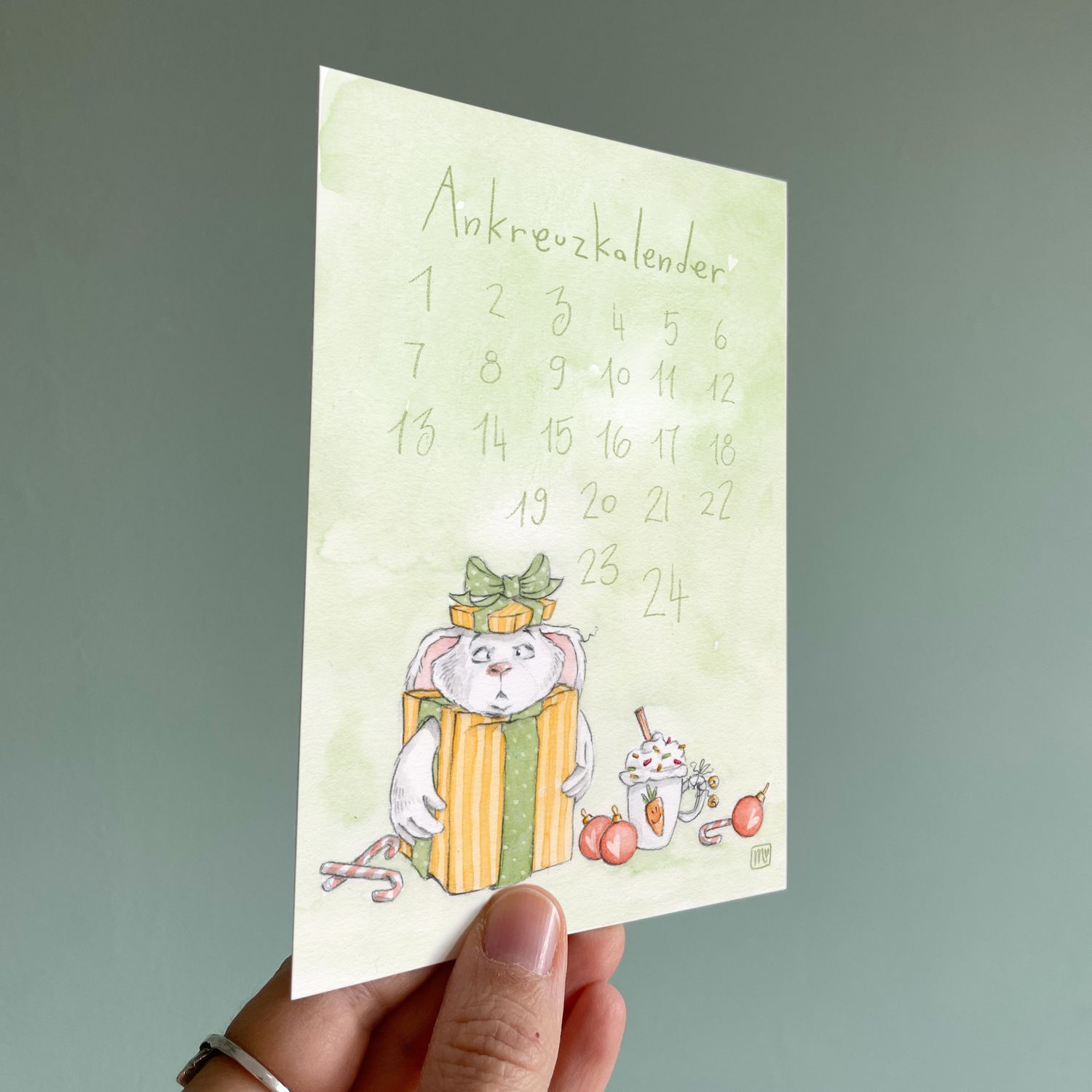 Postkarte Ankreuzkalender - Adventskalender Hase -farbiger Kunstdruck zum Thema Weihnachten