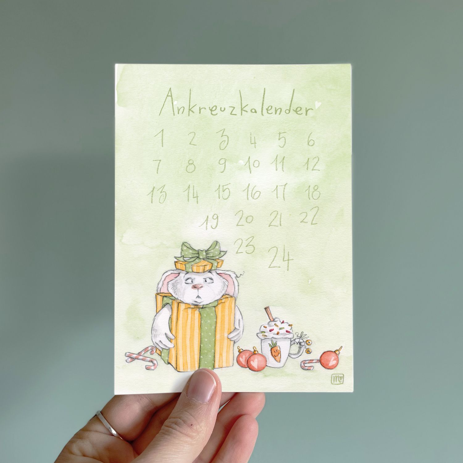 Postkarte Ankreuzkalender - Adventskalender Hase -farbiger Kunstdruck zum Thema Weihnachten