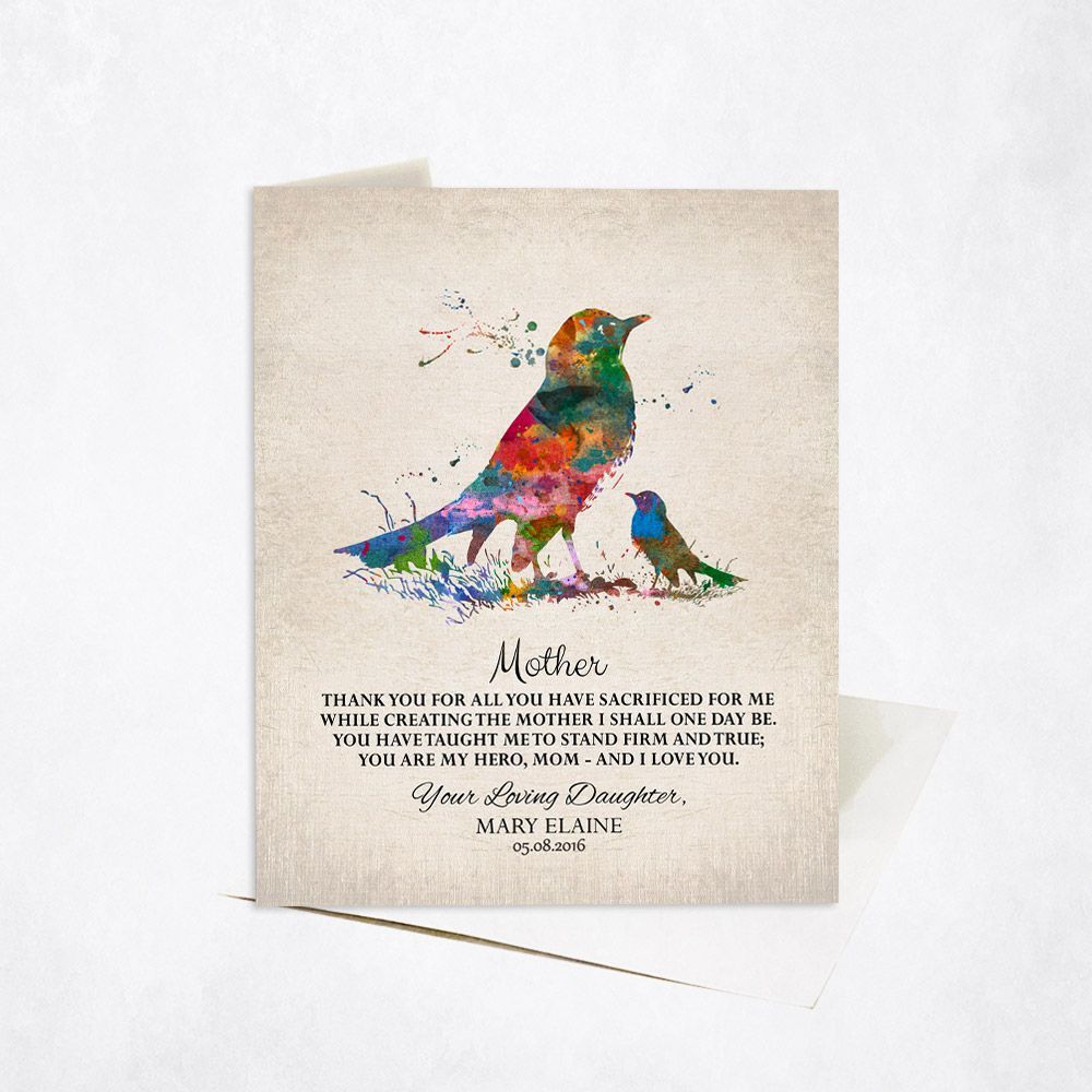 Bright Watercolor Birds Family Stationery Card For Mom C-1217