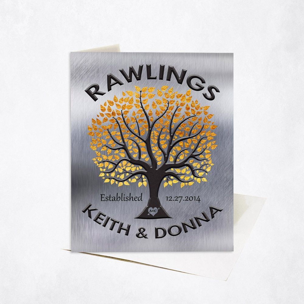 Tin Gold Tree Family Name 10th Anniversary Card Gift for Couple C-1214