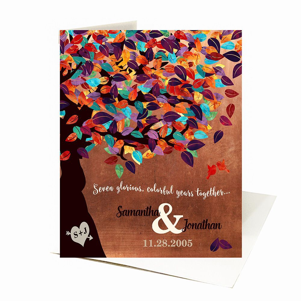 #1 Best Seller - Copper Colorful Spring Tree 7th Anniversary Card Gift for Couple C-1178