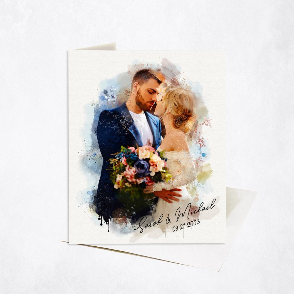 #1 Best Seller - Cotton Watercolor Portrait 2nd Anniversary Card Gift for Couple C-1839