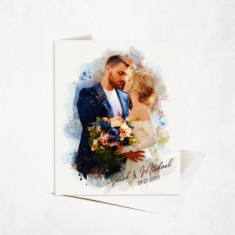 #1 Best Seller - Cotton Watercolor Portrait 2nd Anniversary Card Gift for Couple C-1839