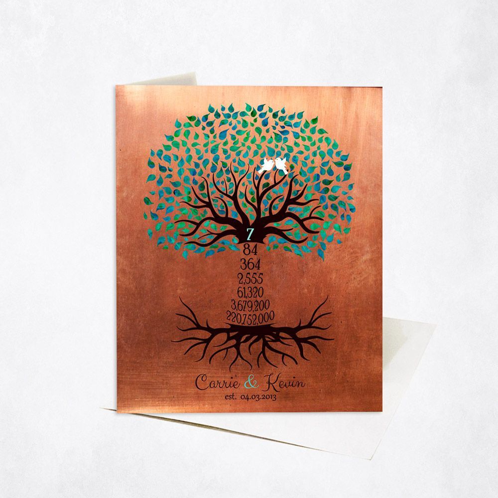 Copper Turquoise Countdown Tree 7th Anniversary Card Gift for Couple C-1436