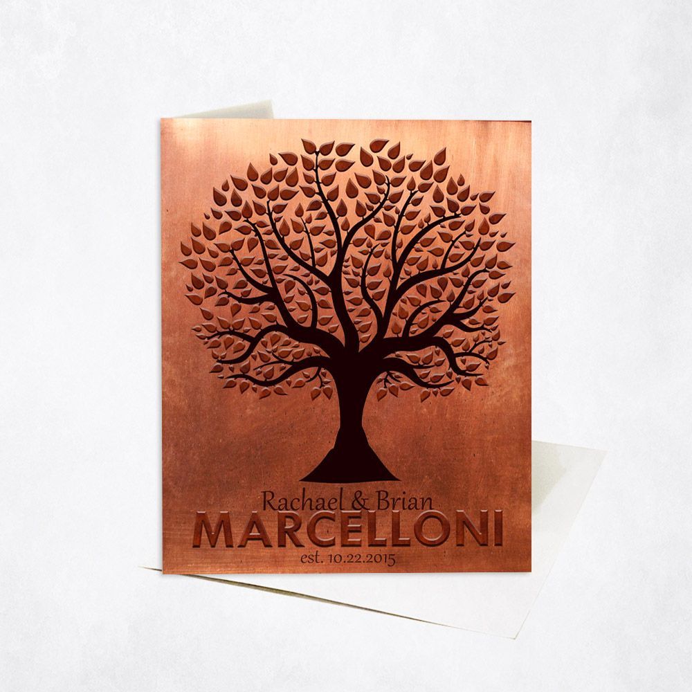 Copper Family Name Tree Silhouette 7th Anniversary Card Gift for Couple C-1181