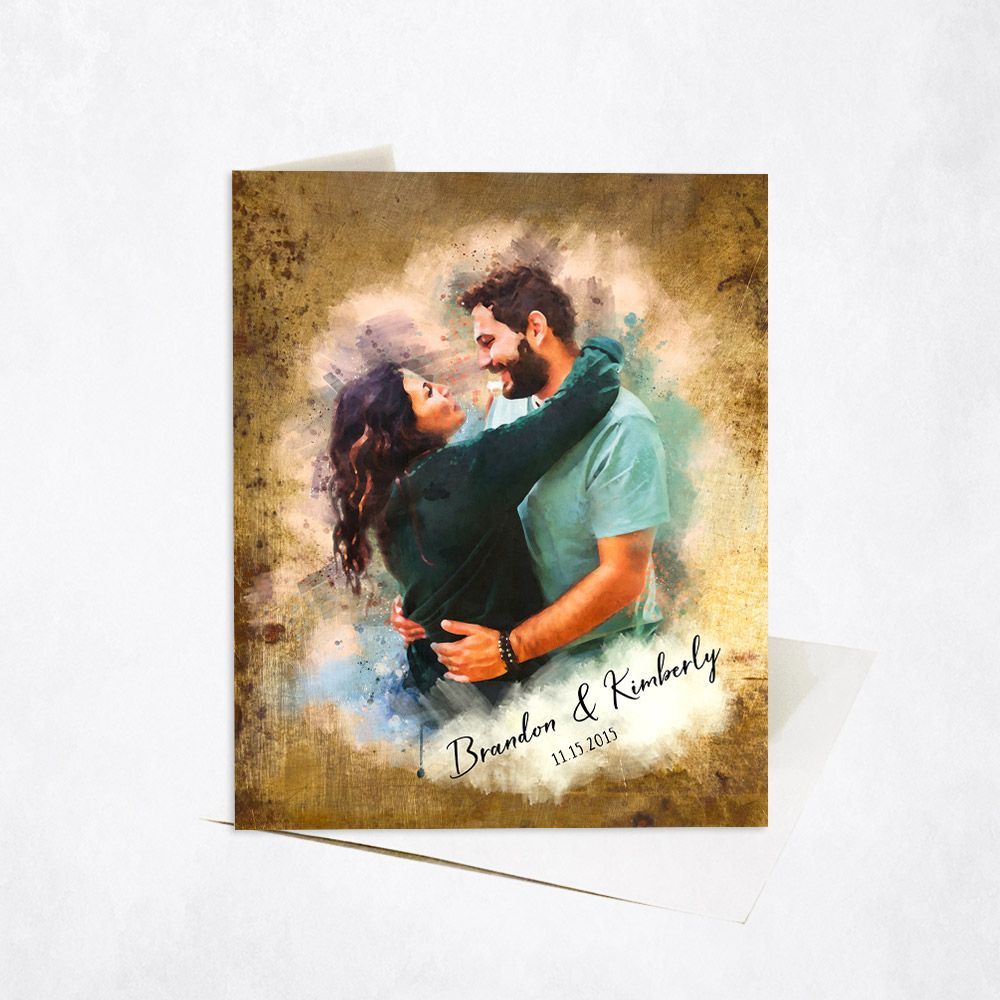 Brass Watercolor Portrait 8th Anniversary Card Gift for Couple C-1848