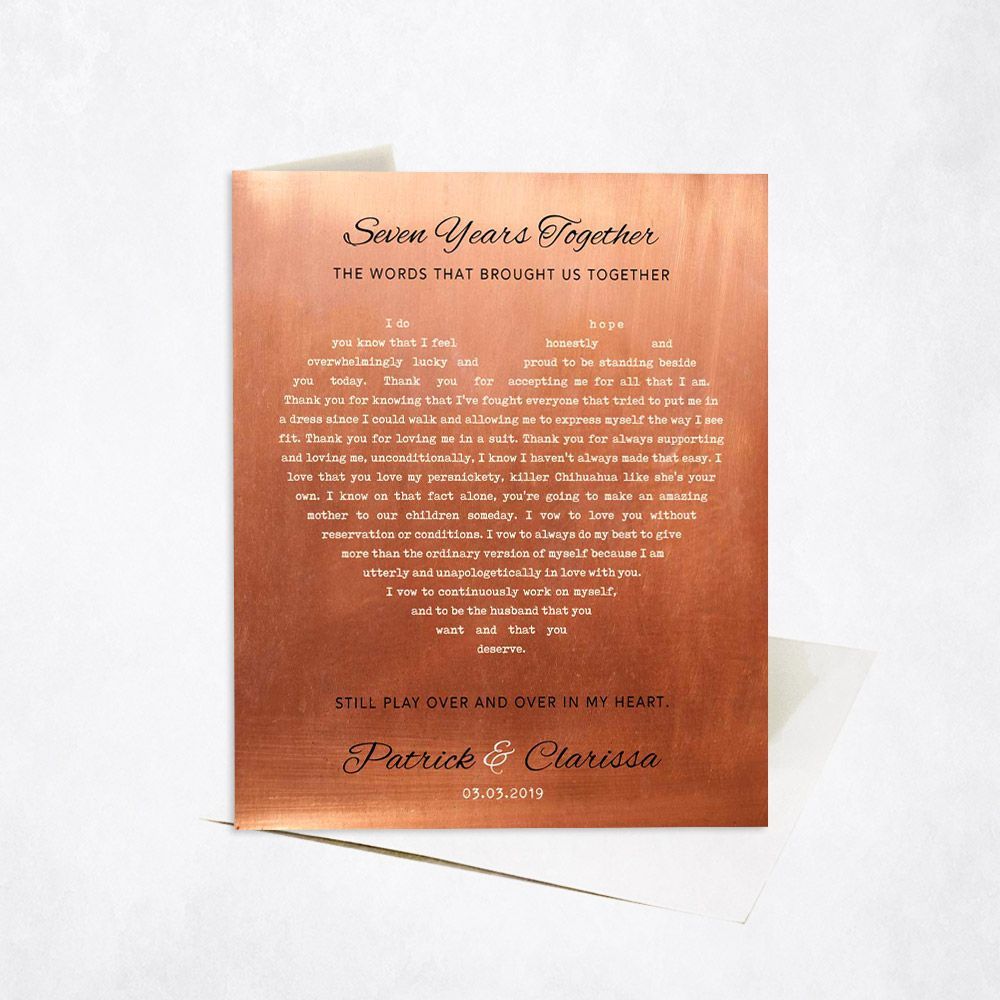 Copper Heart Shape Song Lyrics 7th Anniversary Card Gift for Couple C-1785
