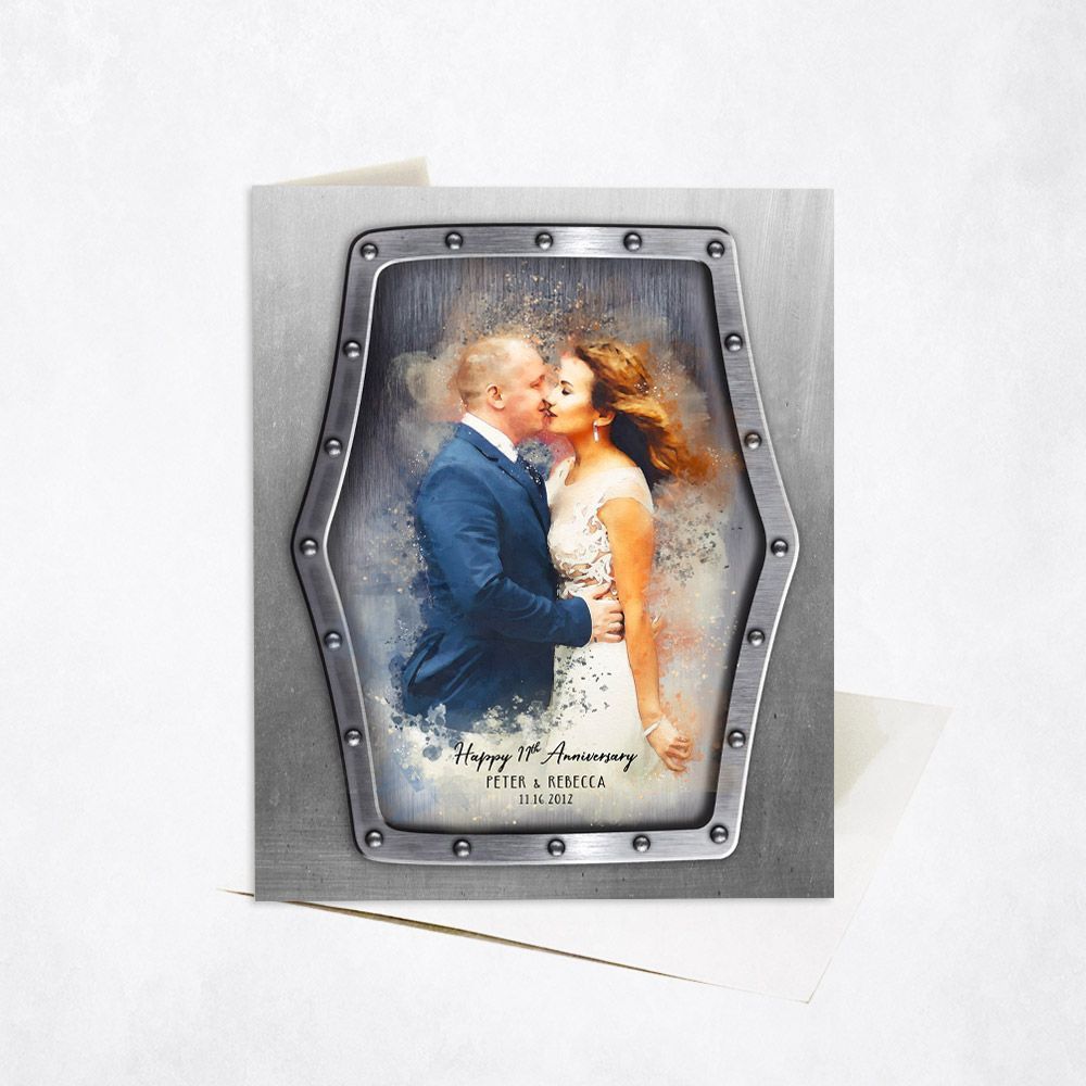 Steel Watercolor Portrait 11th Anniversary Card Gift for Couple C-1838
