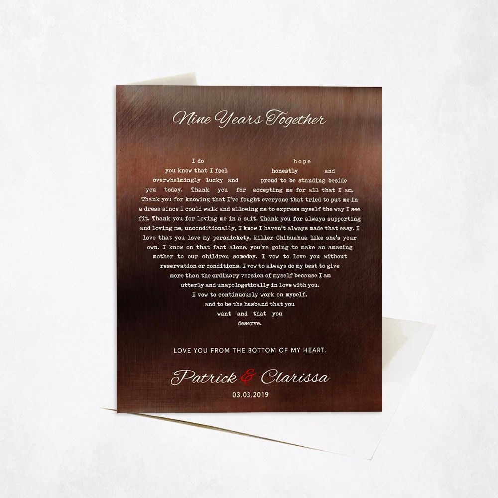 Bronze Heart Shape Song Lyrics 9th Anniversary Card Gift for Couple C-1787
