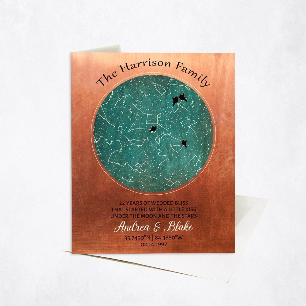 Copper Star Map 22nd Anniversary Card Gift for Couple C-1749