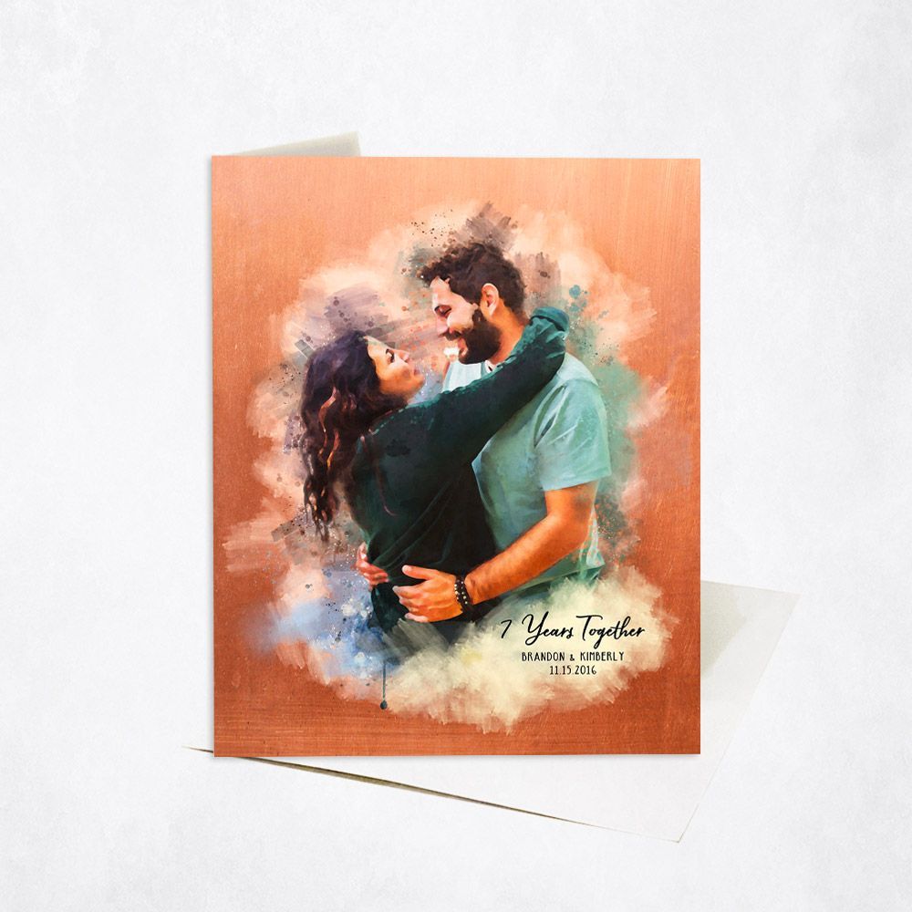 #1 Best Seller - Copper Watercolor Portrait 7th Anniversary Card Gift for Couple C-1837