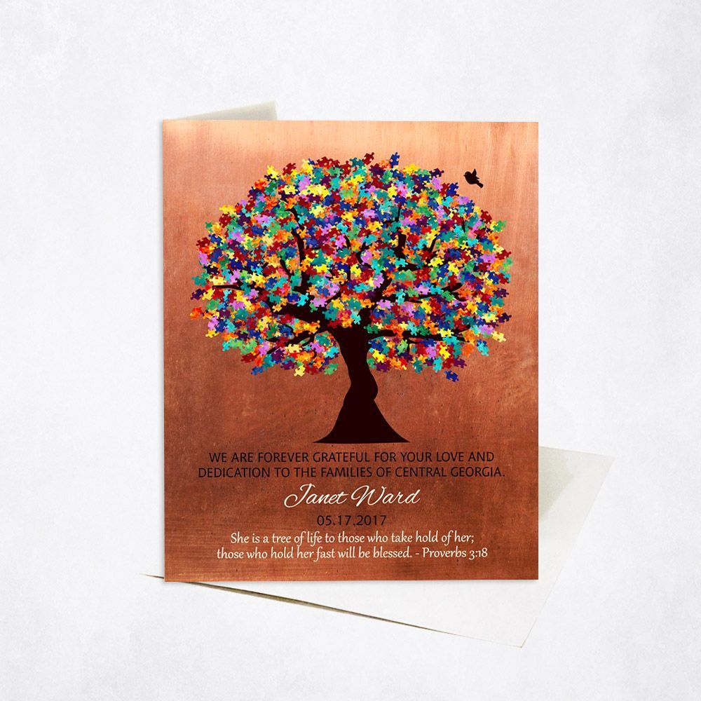 Copper Autism Puzzle Leaf Tree Teacher Appreciation Card Gift for Educator C-1497