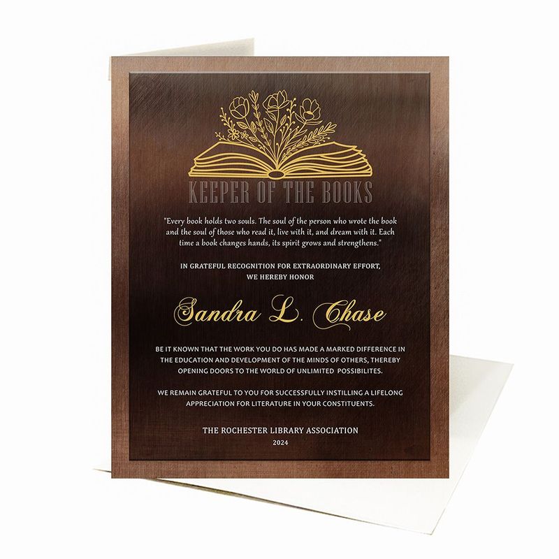 Bronze Open Book with Flowers Recognition Card Gift for Librarian C-2105
